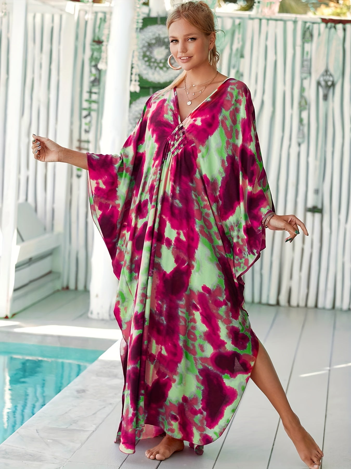 Plus Size, 2023 Boho Printed Loose Beach Dress Casual V-neck Batwing Sleeve Side Split Maxi Dresses Women Summer Clothing Long Kaftan Q1297