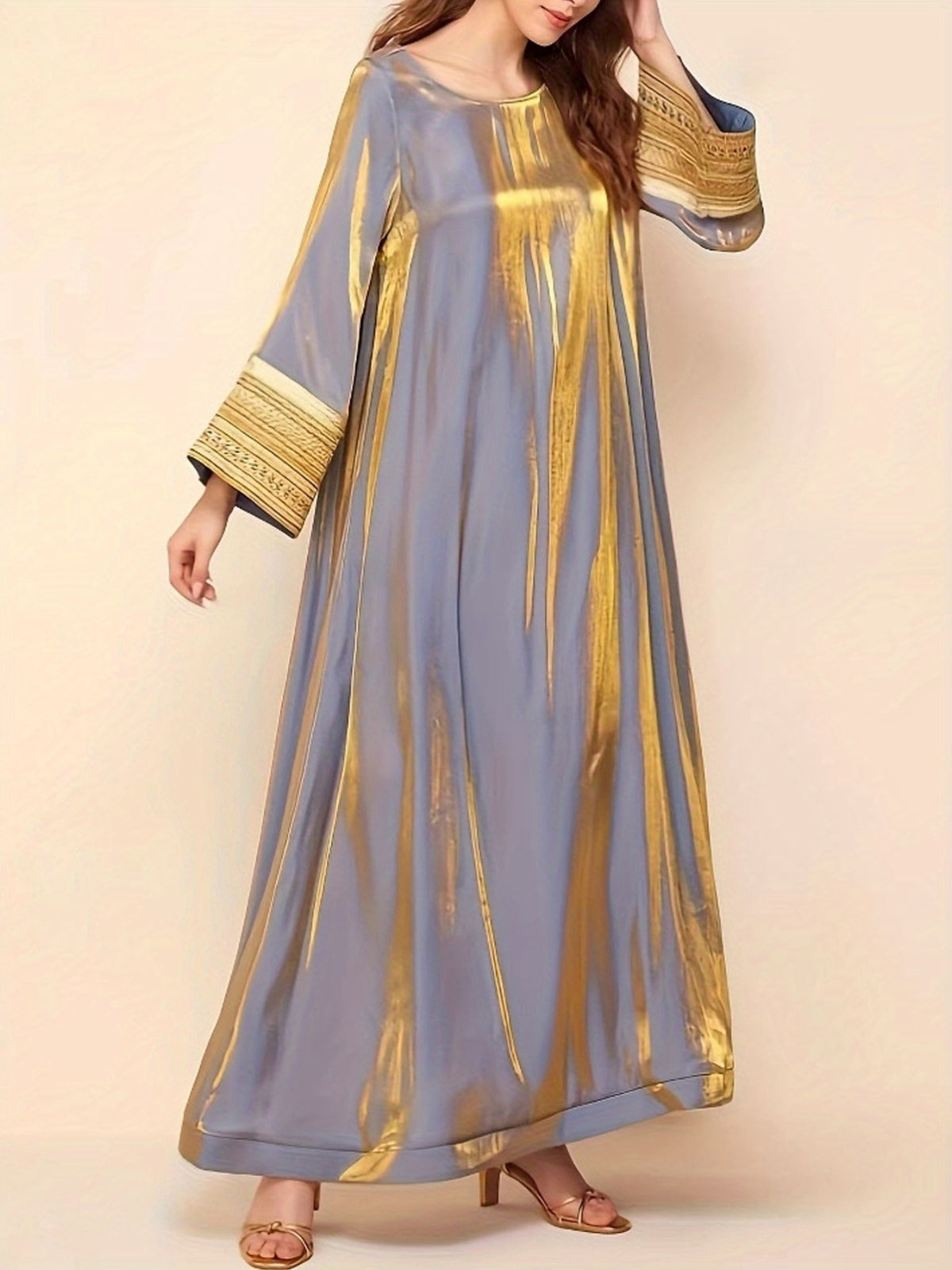 Elegant Women's Long Sleeve Baju Abaya Dress - Crew Neck, Patchwork Design, Loose Swing Fit, Solid Color, Perfect for Spring/Summer, Casual to Formal Wear, Casual Formal Dress