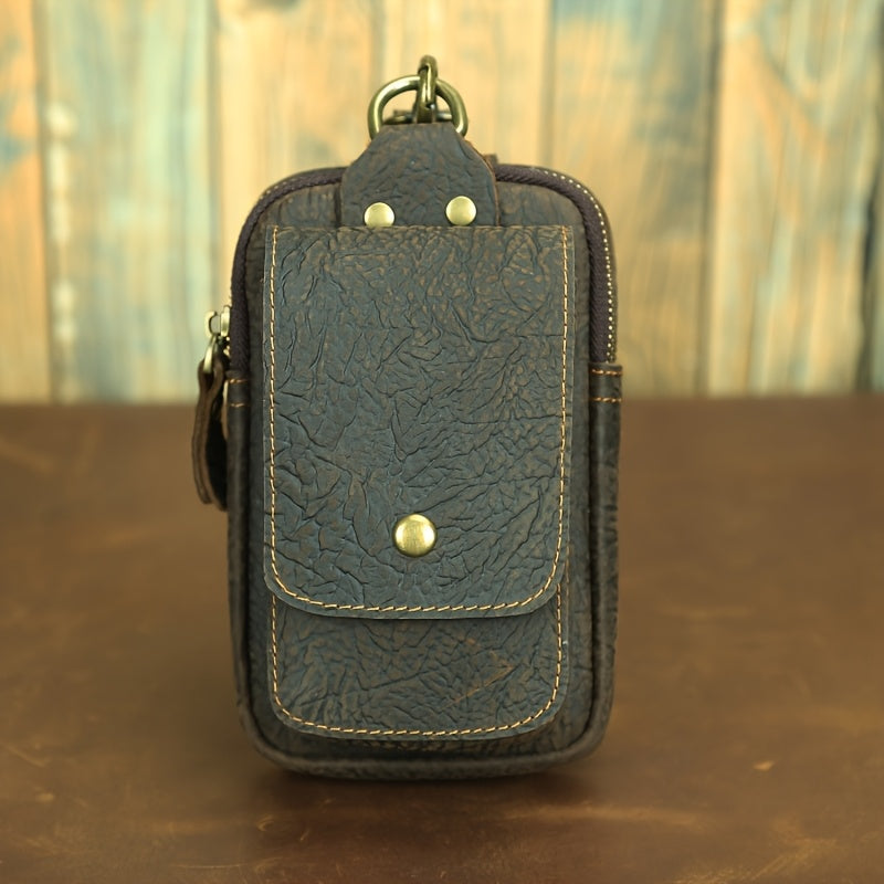 Men's Vintage Crazy Horse Top-Grain Vintage Leather Waist Bag, Casual Style, Multi-Functional Fanny Pack for Daily Commute, No Print, Durable Belt Hanging Pouch for Mobile Phone