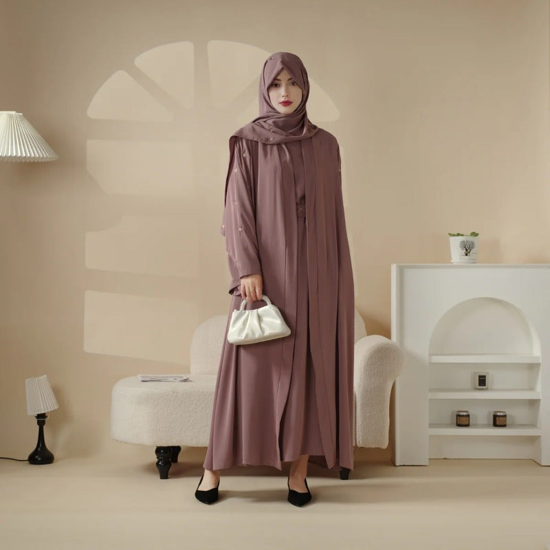 Tulip Embroidery Open Abaya 4pcs set: Includes open abaya, inner dress, matching belt, and hijab