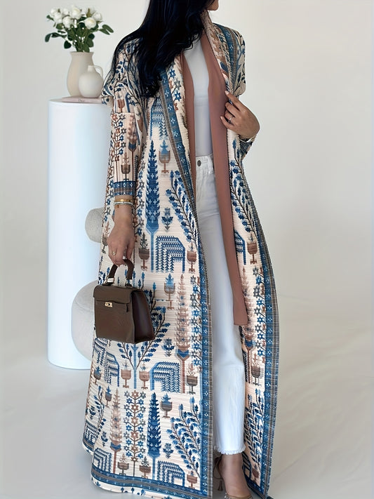Elegant Palace-Style Geometric Print Robe - Lightweight High-Stretch Polyester Open-Front Abaya with Adjustable Drawstring Waist, Long A-Line Loose Fit for Spring/Autumn