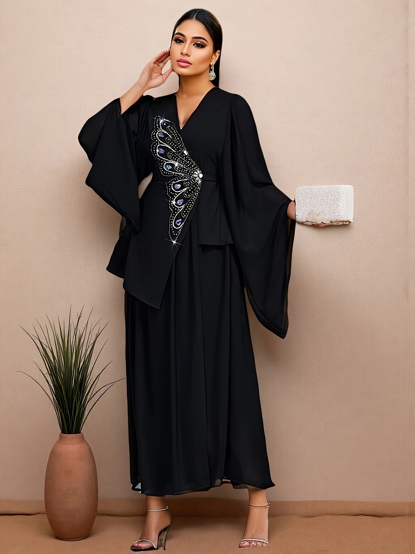 Women's Elegant Turkish Party Abaya - Formal Gala & Wedding Attire - Non-Stretch Black Gown - Hand Washable Special Occasion Outfit - Dresses for Wedding Guest Elegant