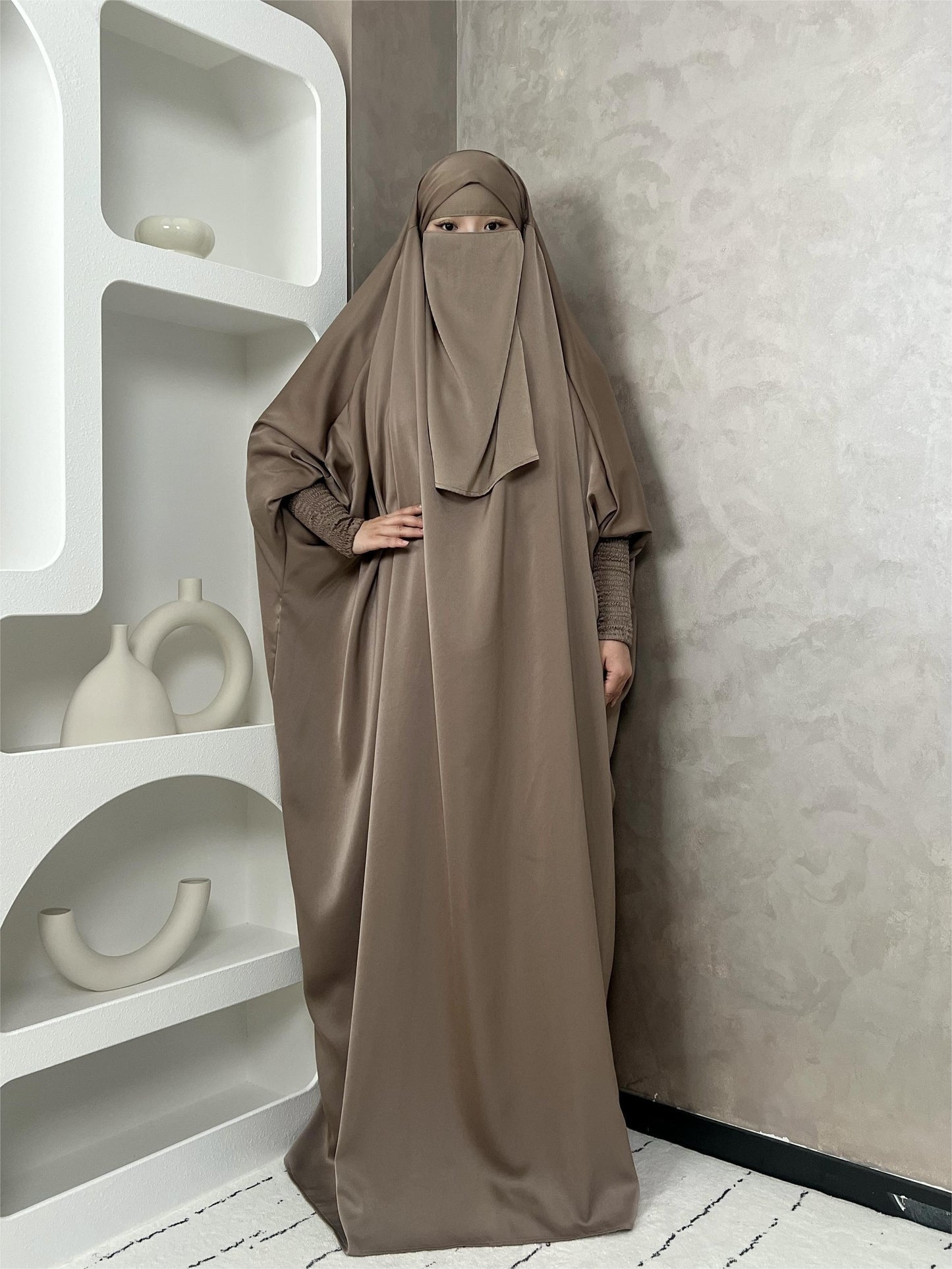 [Satin Modesty Dress] Free Size Satin One Piece Modesty Abaya Burkha - Jilbab Niqab Attached