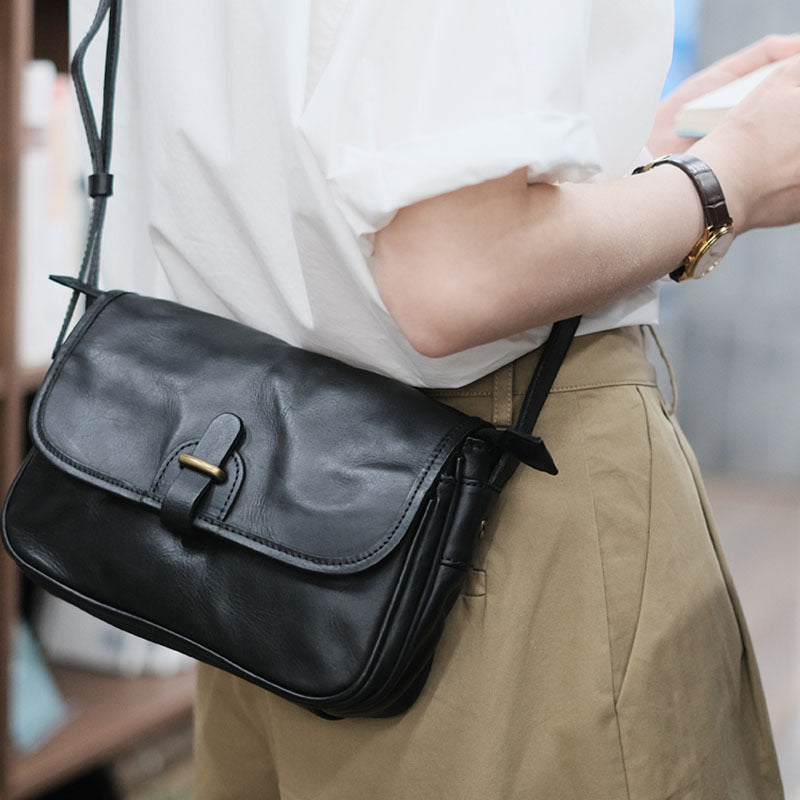 Japanese-Style Vintage Crossbody Shoulder Bag - Genuine Leather with Adjustable Strap & Golden-Tone Clasps, Zipper Closure, Polyester Lining