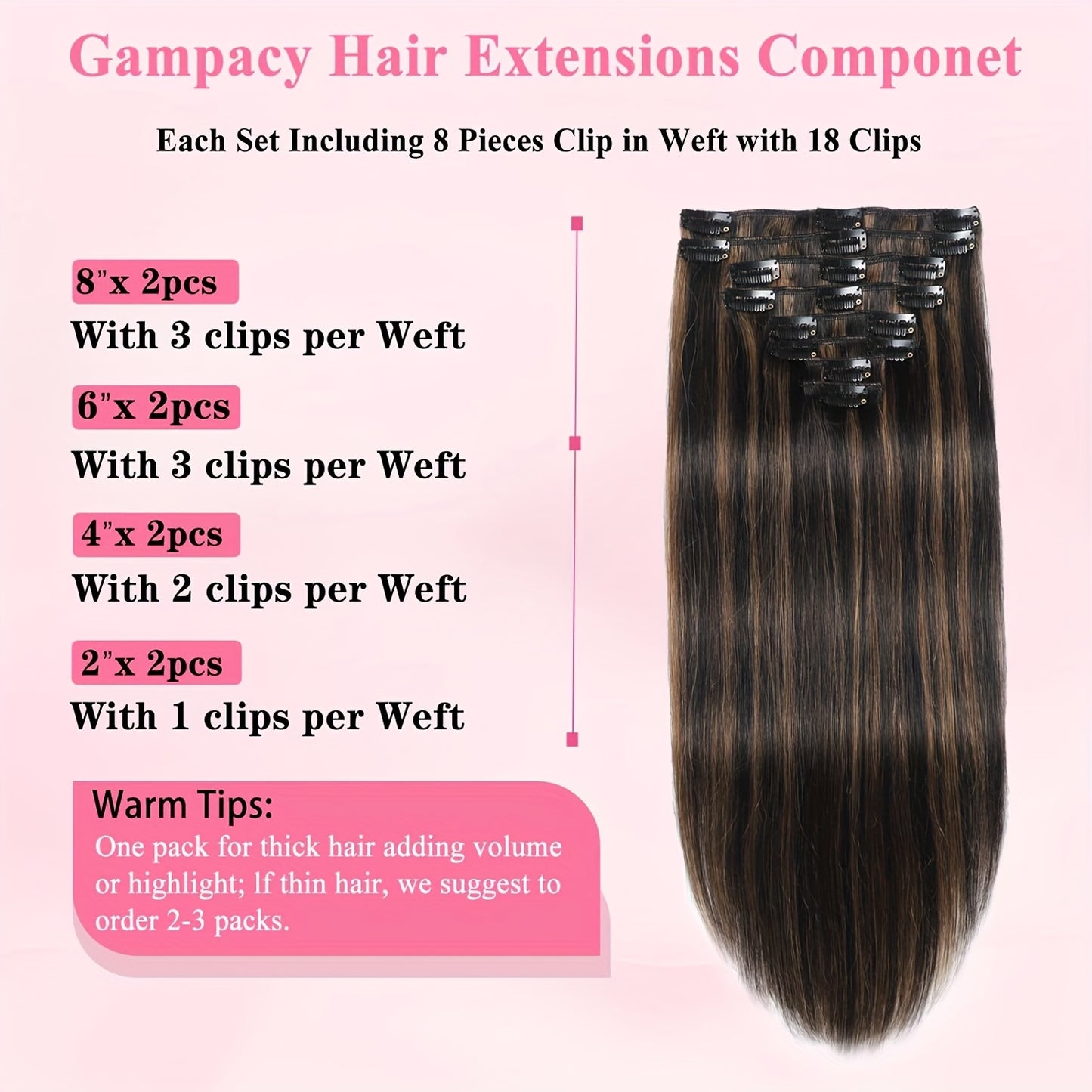 Real Human Hair Clip-In Extensions, Seamless Design for Women, Made from Remy Hair, Featuring Double Wefts with 8pcs Available in Lengths from 14 to 24 Inches, Transitioning from Natural Black to Chestnut Brown