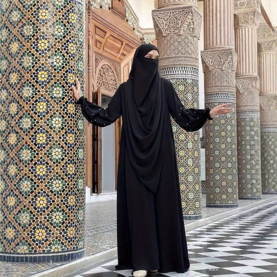 Middle Eastern Solid Color Women's Arabic Abaya with Pearl Sleeves and Long Scarf Set, Perfect for Daily Wear, Travel, and Ramadan Prayers