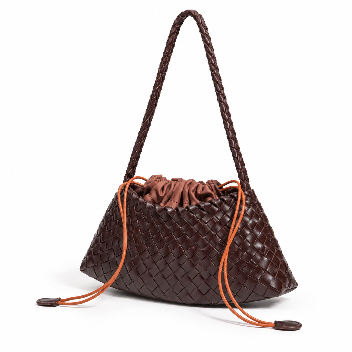Chocolate Brown Woven Drawstring Shoulder Bag