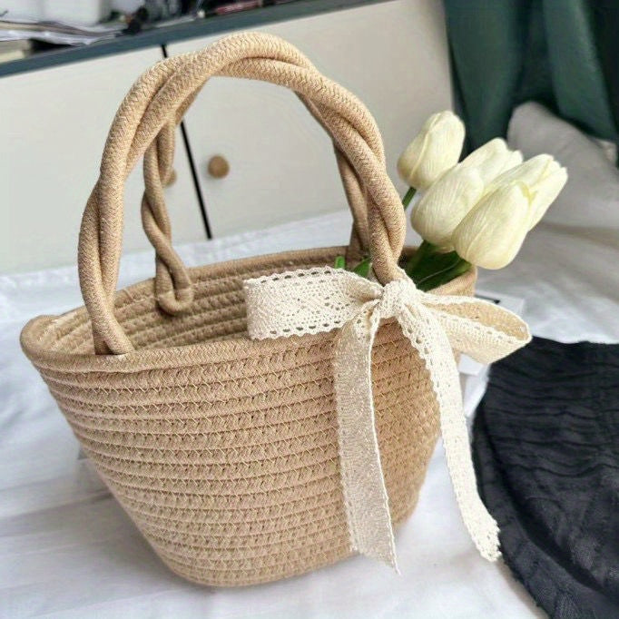 Handbag Women's Straw Basket Handmade Bag Holiday Picnic Spring Trip Photo Beach Bag Single Shoulder Woven Small Bag Elegant Lady