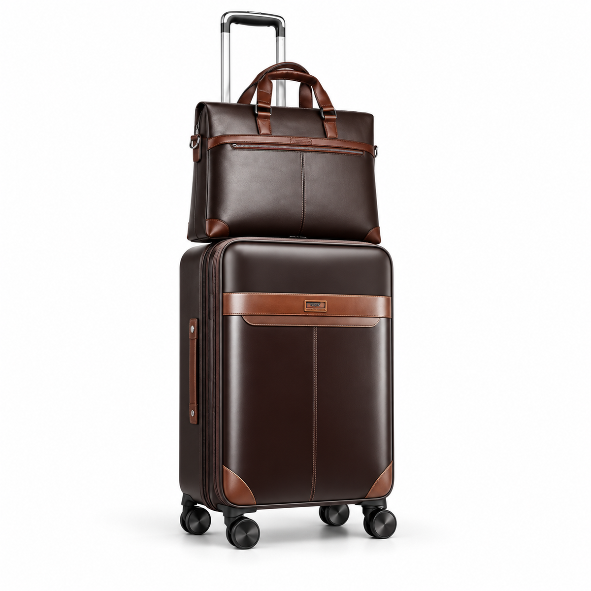 Brown Leather Trolley Luggage With Tote