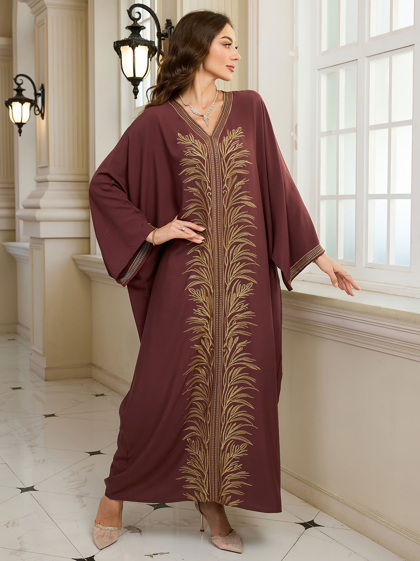 Women's Golden Floral Embroidered V-Neck Batwing Sleeve Kaftan Robe - Loose Fit Plus Size Long Dress for Ramadan Eid Beach Vacation, Middle Eastern Cover Up, Muslim Abaya Dress