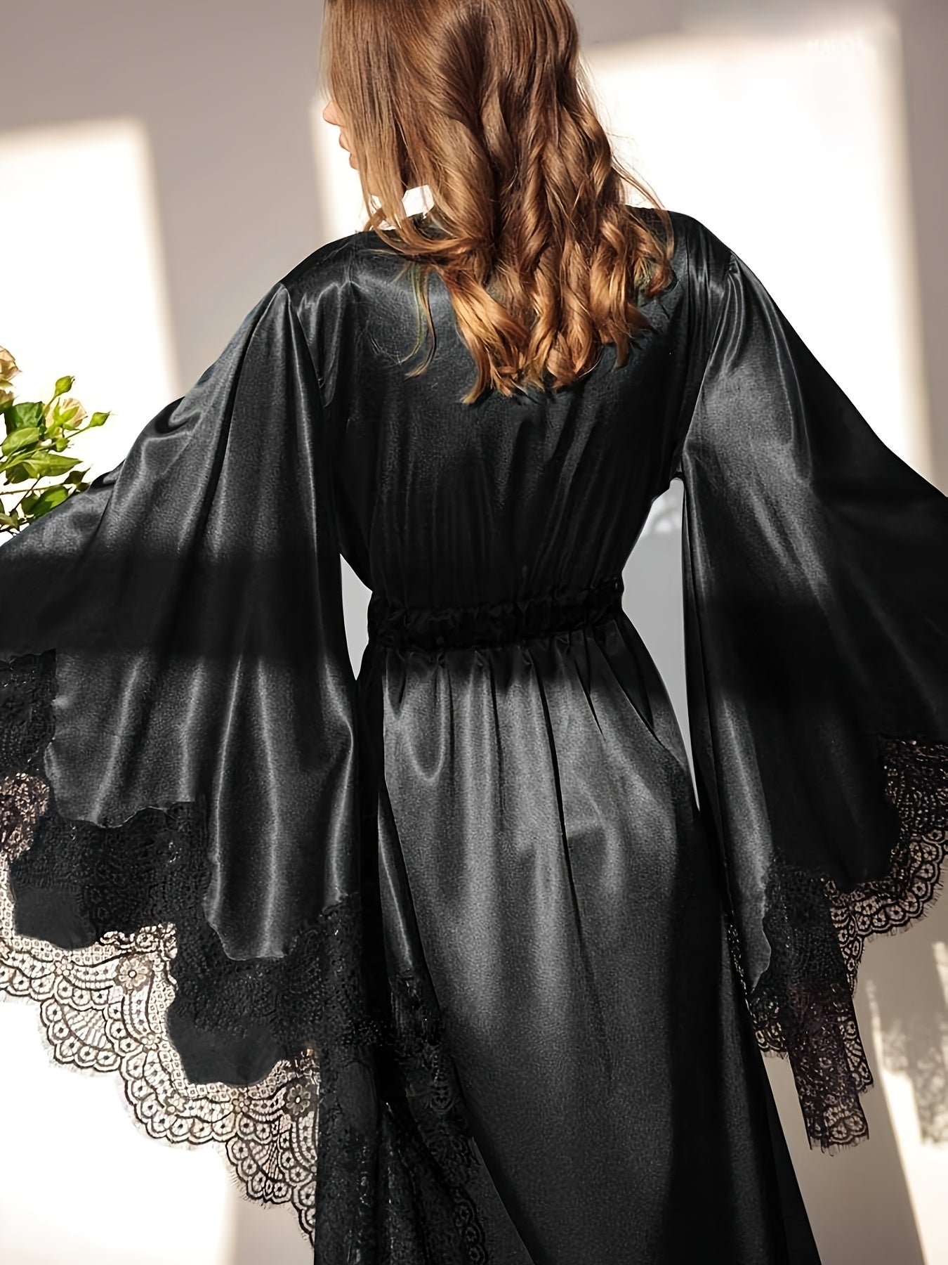 Women's Black Satin Robe - Elegant Long Lace Kimono, Lightweight Bridal Sleepwear for Wedding Day, Polyester, Contrast Lace Detail, Bride Lingerie