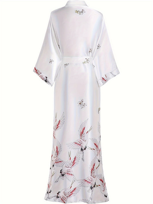 Long Kimono Robe Satin Sleepwear Blouse Bathrobe Nightgown Floral Crane Kimono Cardigan Robe