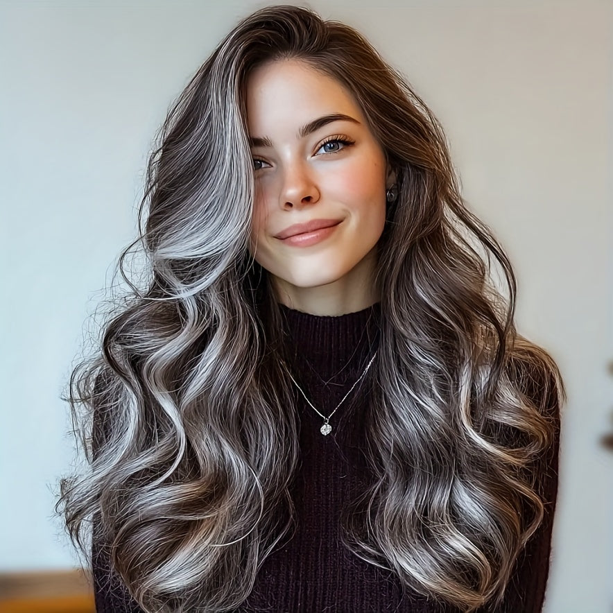 24-Inch Wavy Balayage Wig Featuring an Ash Brown to Grey Ombre, Made from Heat-Friendly Fibers, with an Adjustable Rose Net Cap, Offering a Appearance Suitable for All Ethnic Backgrounds, Perfect for Parties And Festivals