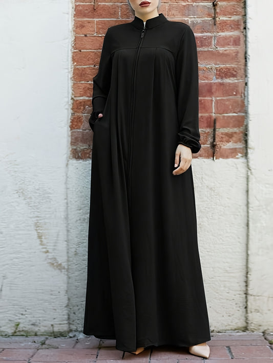 Elegant Black Long Sleeve Palestinian Abaya Dress with Zipper Pockets - Casual Loose Fit, Collared Neckline, Traditional Middle Eastern Style, Comfortable Women'S Dress|Casual Elegance|Pocketed Dress