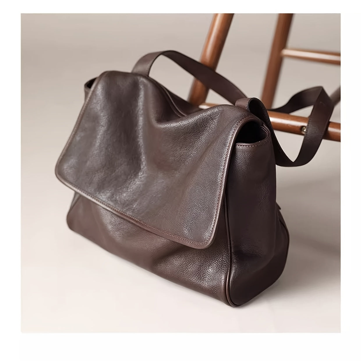 Top-Grain Vintage Genuine Leather Tote Messenger Bag - Flap Closure, Fixed Shoulder Strap, Large Capacity