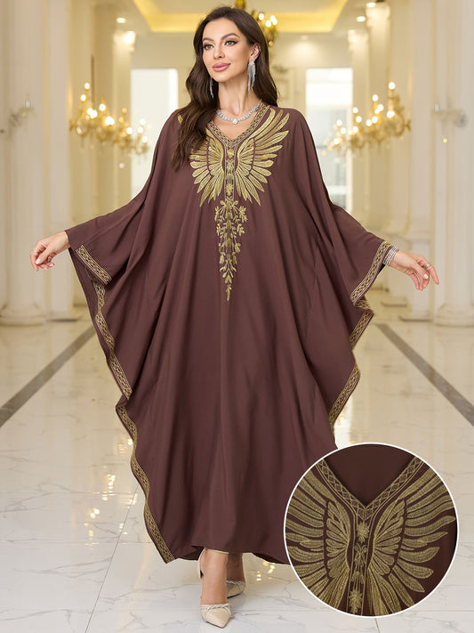 Elegant Plus Size Kaftan Dress with Embroidered Wings - V-Neck, Batwing Sleeves Abaya, Loose Fit Maxi Dress for Women -  Suitable for Casual Wear, Parties & Special Occasions - Perfect Gift for Women