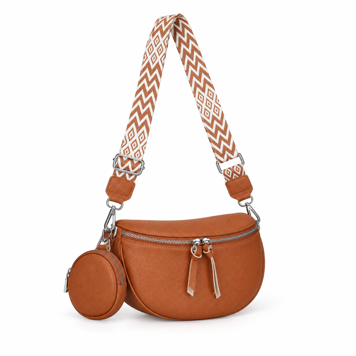 Brown Crescent Sling Bag With Pouch