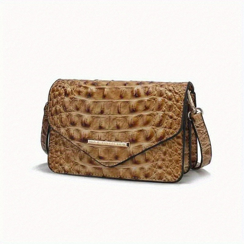 Saddle Croc-Embossed Leather Crossbody Shoulder Bag - Top-Grain Genuine Leather, Detachable Strap, Zipper Closure