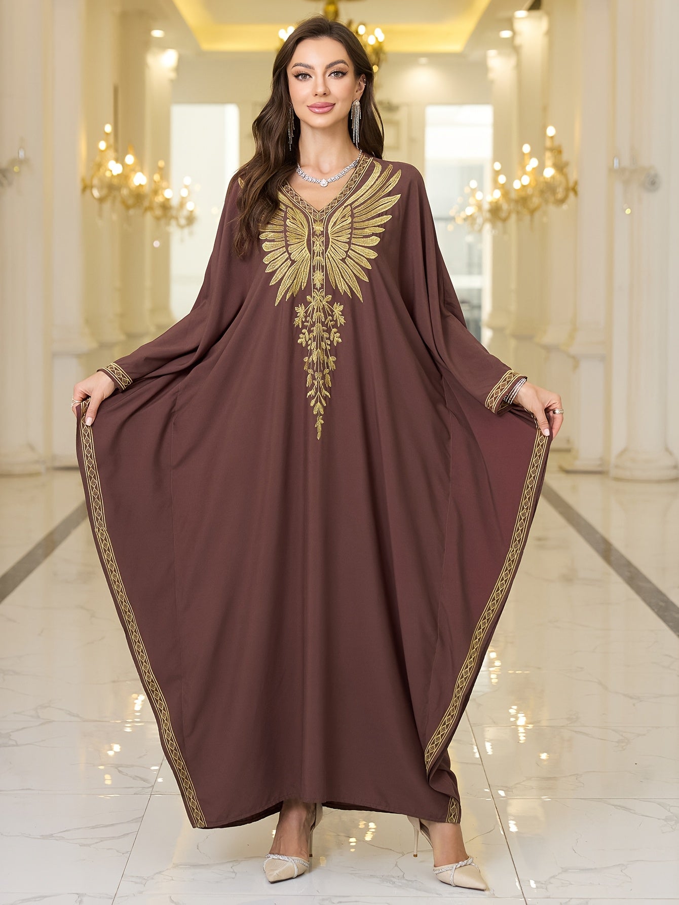 Women's Plus-Size Maxi Dress - Elegant Brown & Golden robe-like gown with Long Batwing Abaya Sleeves, Non-See-Through Formal/Beach/Evening Dress for Women