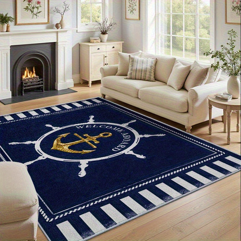 Floor Mat, Machine Washable Nautical Style Fade-Resistant Soft Dark Blue with Golden Anchor Pattern, Suitable for Living Room Bedroom Office Home Decoration, Large Size.Inch Thanksgiving Gift Autumn