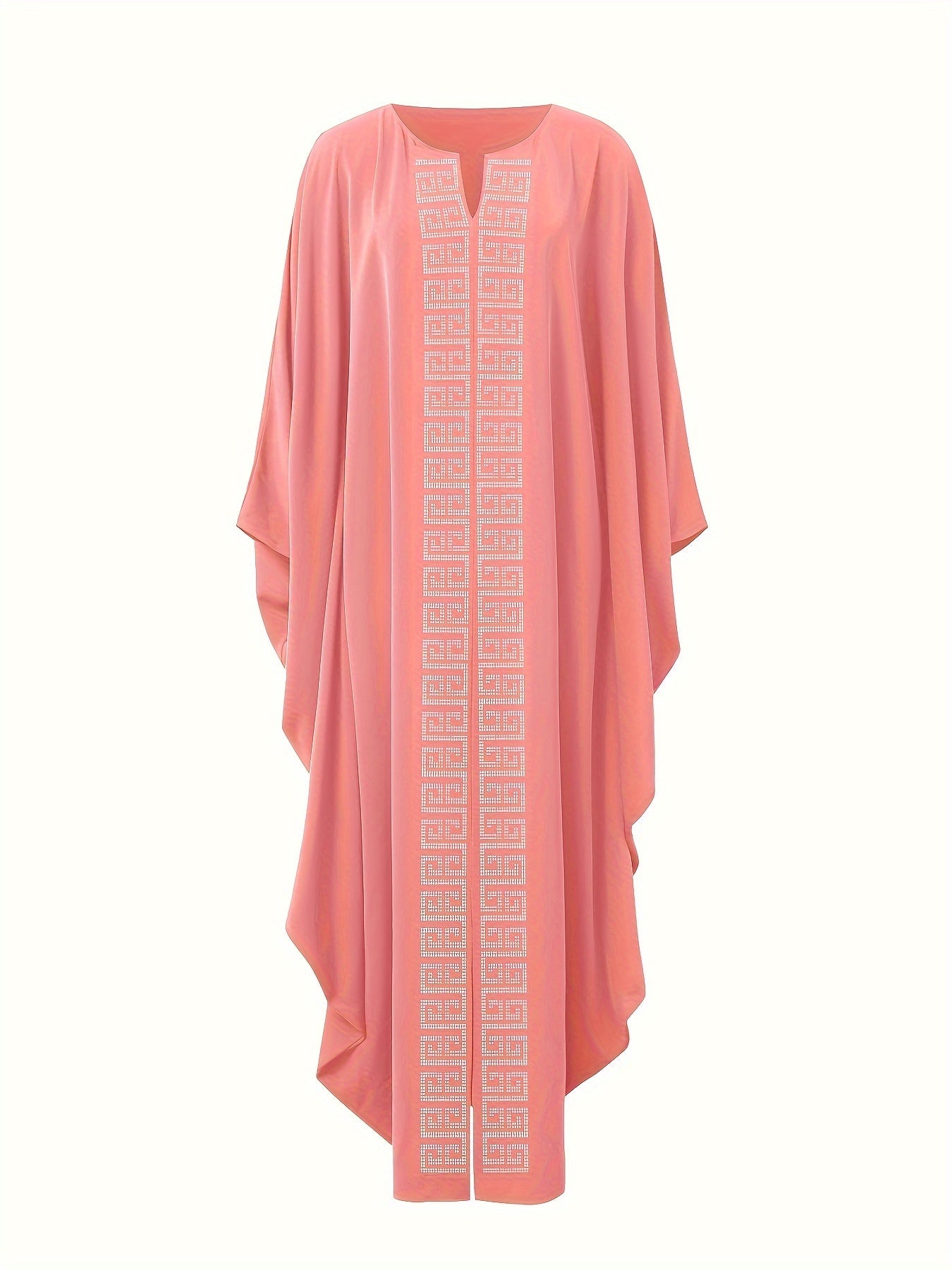 Women's Elegant Rhinestone Embellished Long Kaftan Palestinian Abaya - Batwing Sleeves, Long Split Hem, Polyester, Non-Stretch, Solid Color, Suitable for Spring/Summer/Fall