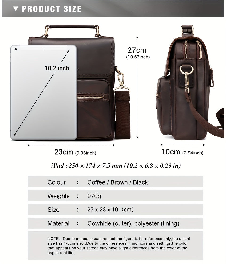 Men's Genuine Crazy Horse Leather Crossbody Bag - Adjustable Shoulder Strap, Multiple Compartments, Black Messenger Bag for Outdoor Travel & Business