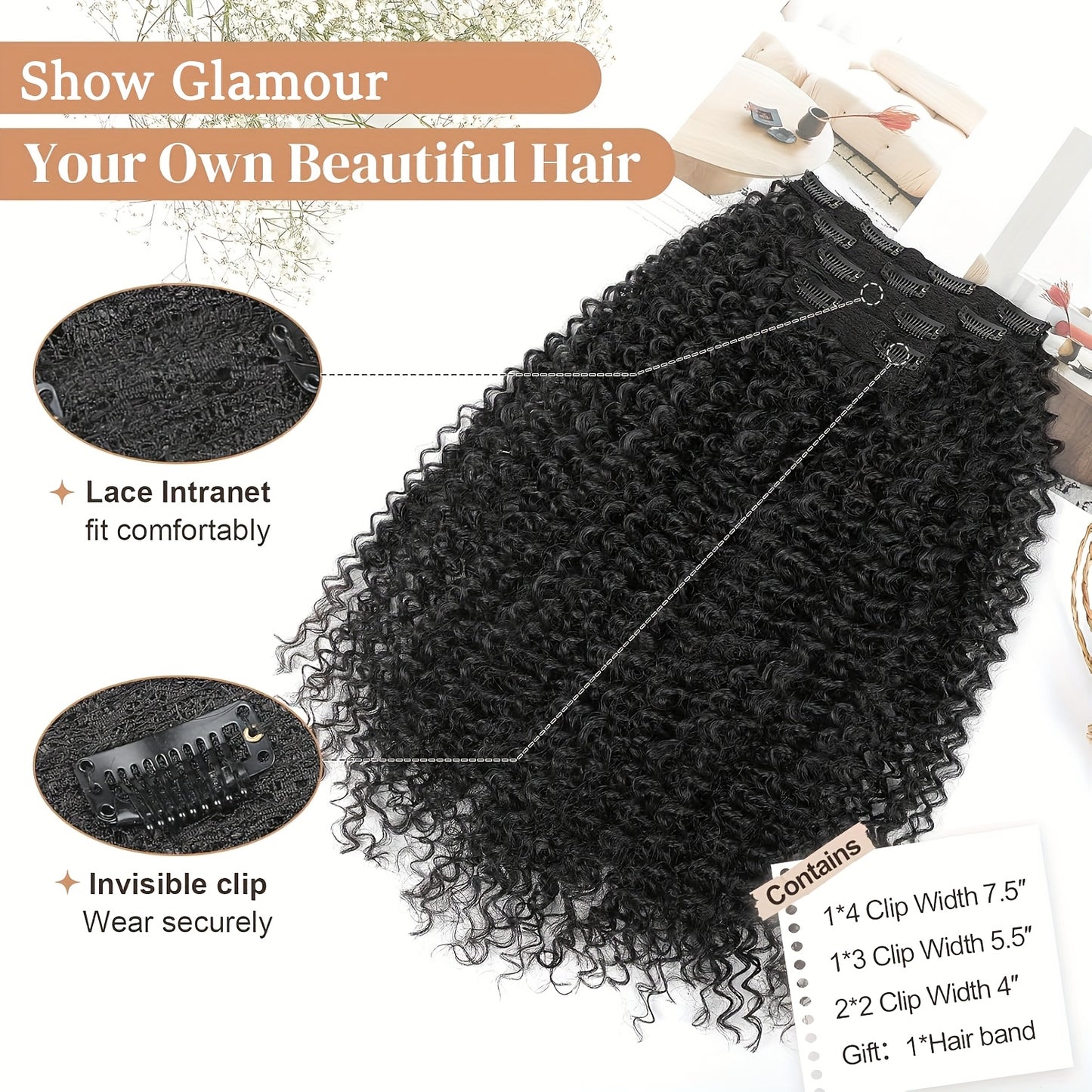 Clip In Hair Extensions, 20inch 4pcs One Hundred Percent Pure Protein Hair Extensions for Women Long Soft Curly Hair Extension Hairpiece