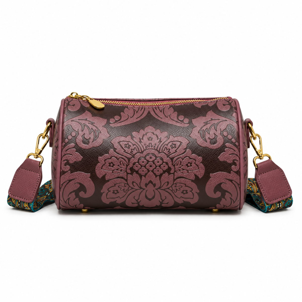Vintage Floral Damask Barrel Crossbody Bag