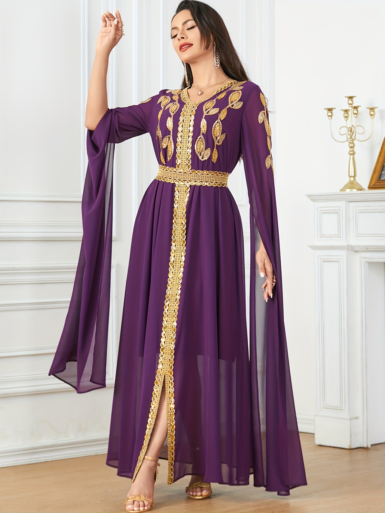 Embroidered V-Neck Abaya Dress, Elegant Cape Sleeve Maxi Dress, Women's Clothing