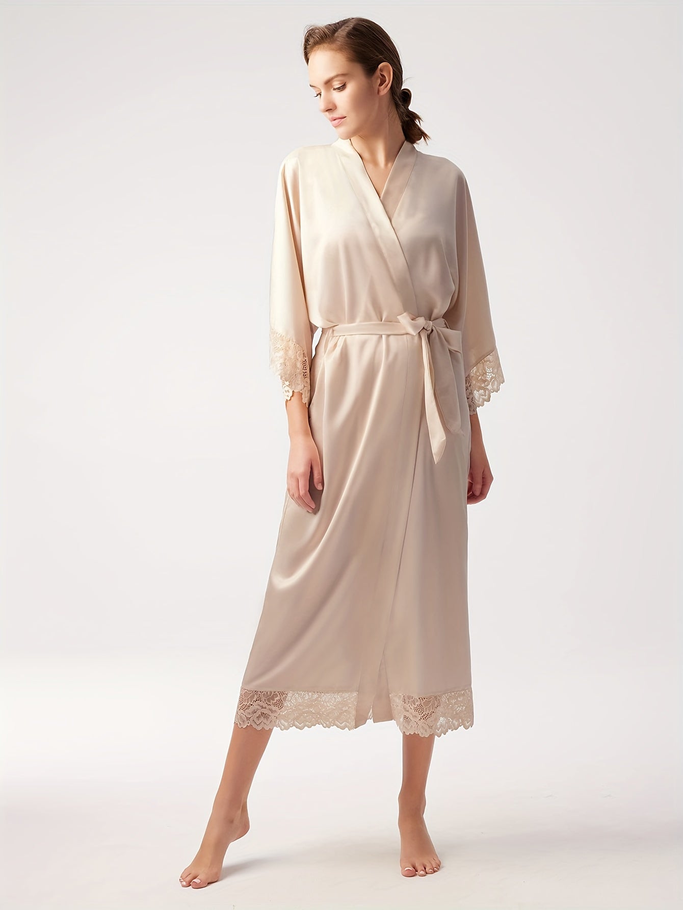 Satin Kimono Robe Long Bridesmaid Wedding Bath Robe With Lace Trim