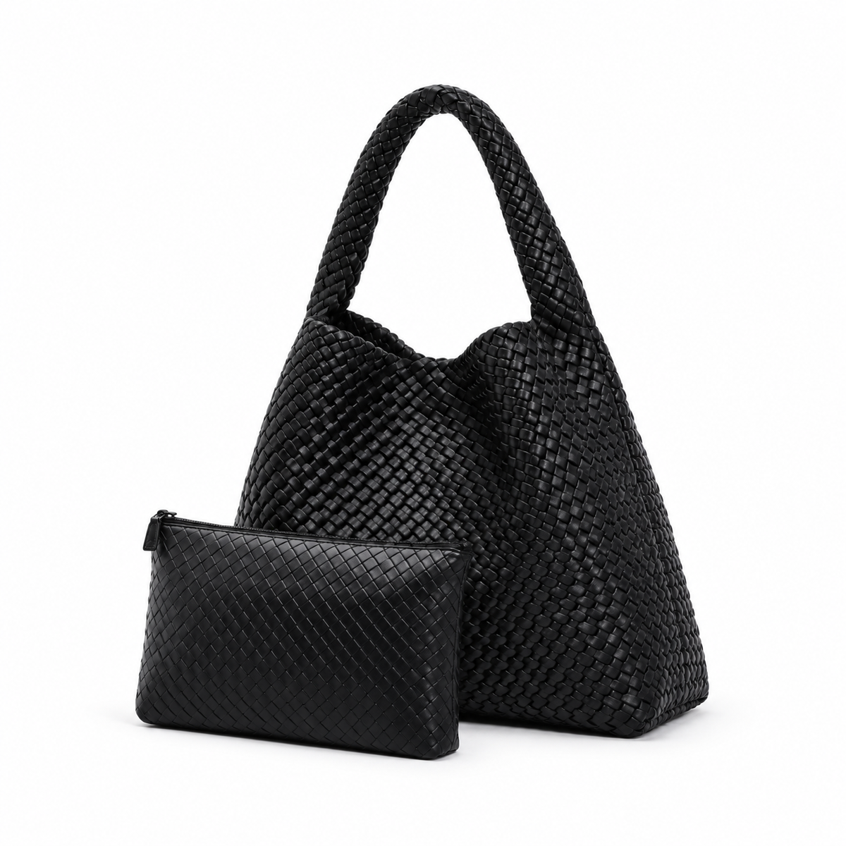 Black Woven Hobo Tote With Pouch