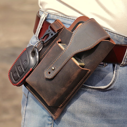 Men's Genuine Leather Belt Bag Crazy Horse Leather Belt-worn Waist Bag Retro Casual Style Key Bag Ideal for Daily Commuting