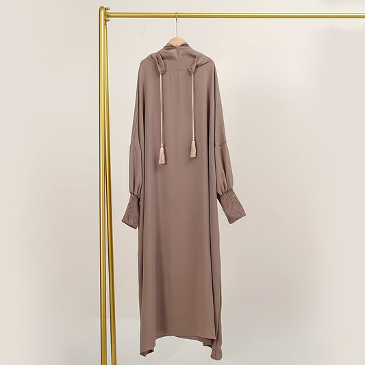 1pc Muslim Hooded Maxi Dress - Middle Eastern Abaya Burqa Dress with Adjustable Drawstring Hood, Windproof, Machine Washable, Non-Stretch Comfort Fit for Daily Wear & Travel