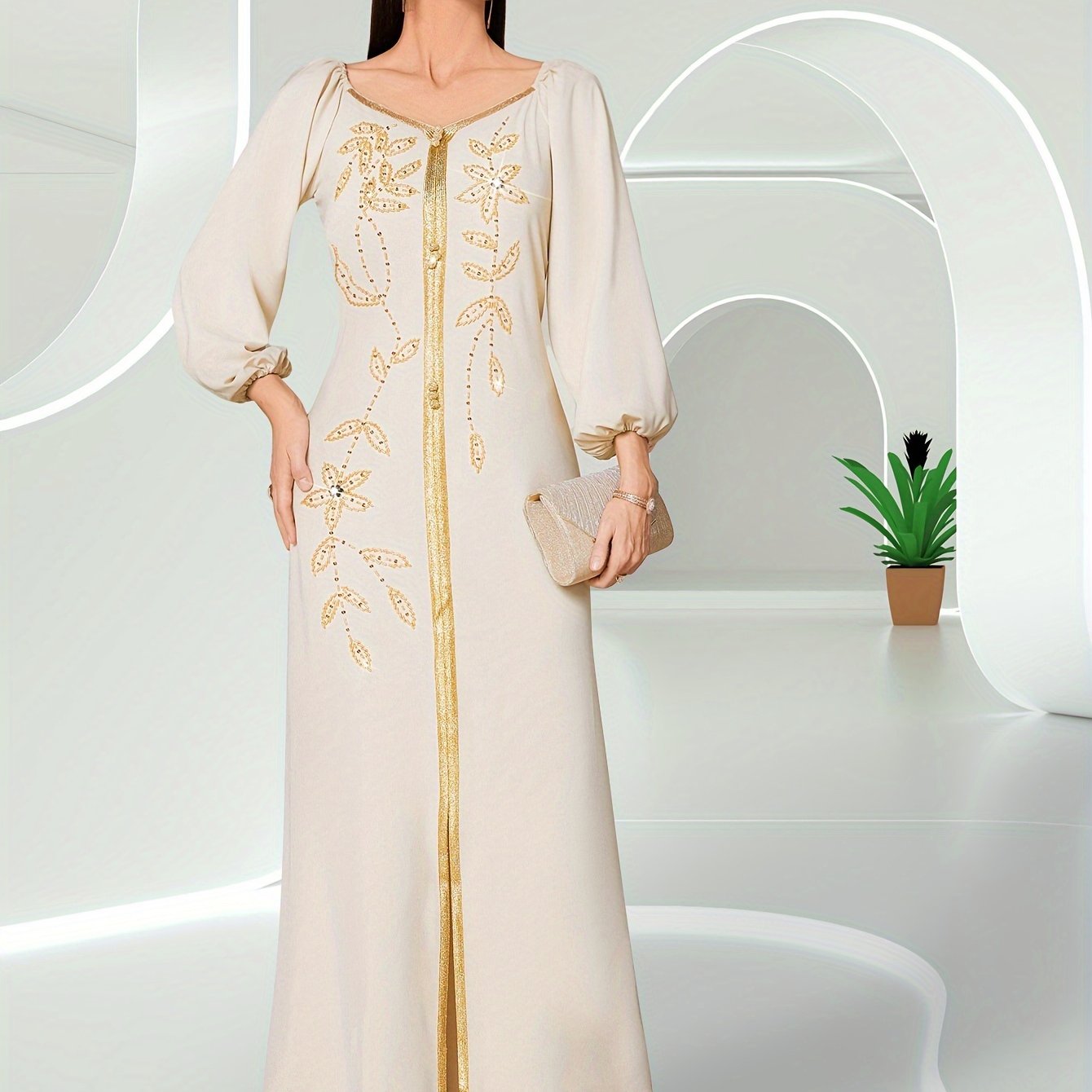 Elegant Long Sleeve Polyester Dress with Lantern Sleeves, Solid Color, Tie Back, and Belted Waist Palestinian Abaya