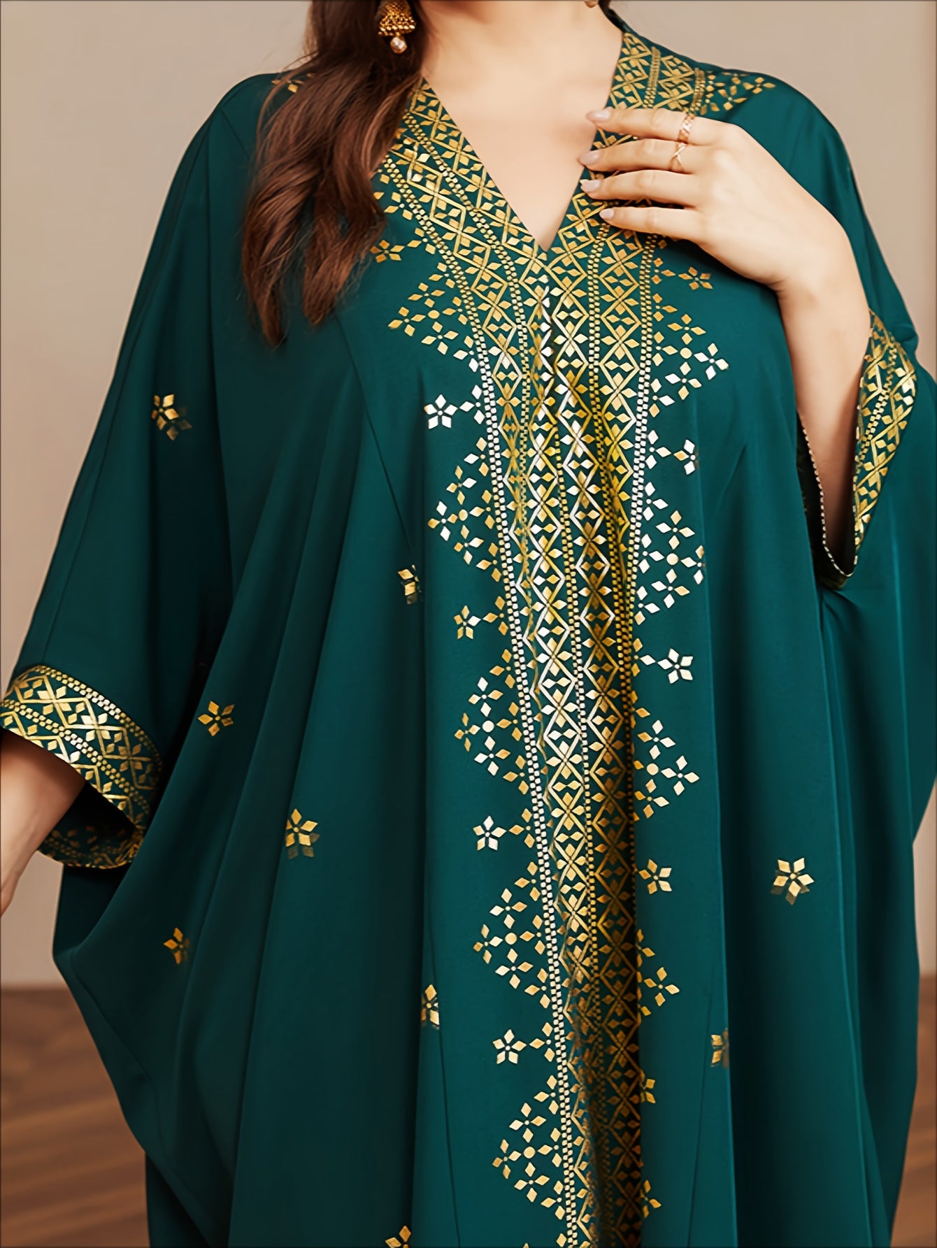 Polyester Long Kaftan | V-Neck Tribal Pattern Woven Non-Stretch, Middle East Golden Tassel, Batwing Sleeve Abaya, Plus Size, All Season