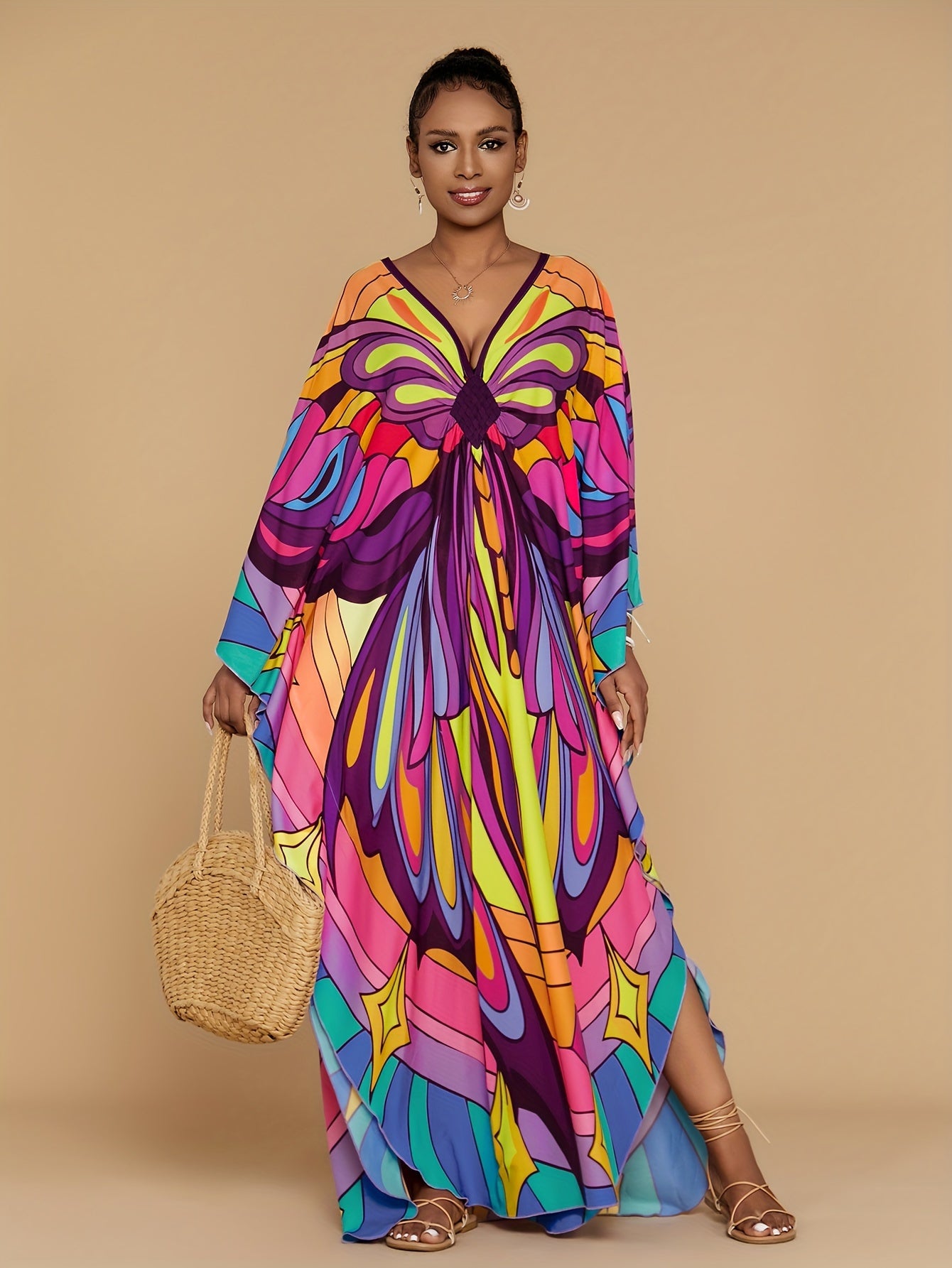 Vibrant Bohemian Kaftan Dress - Four-Sided Elastic V-Neck, Bat Sleeves, Beach Cover-Up