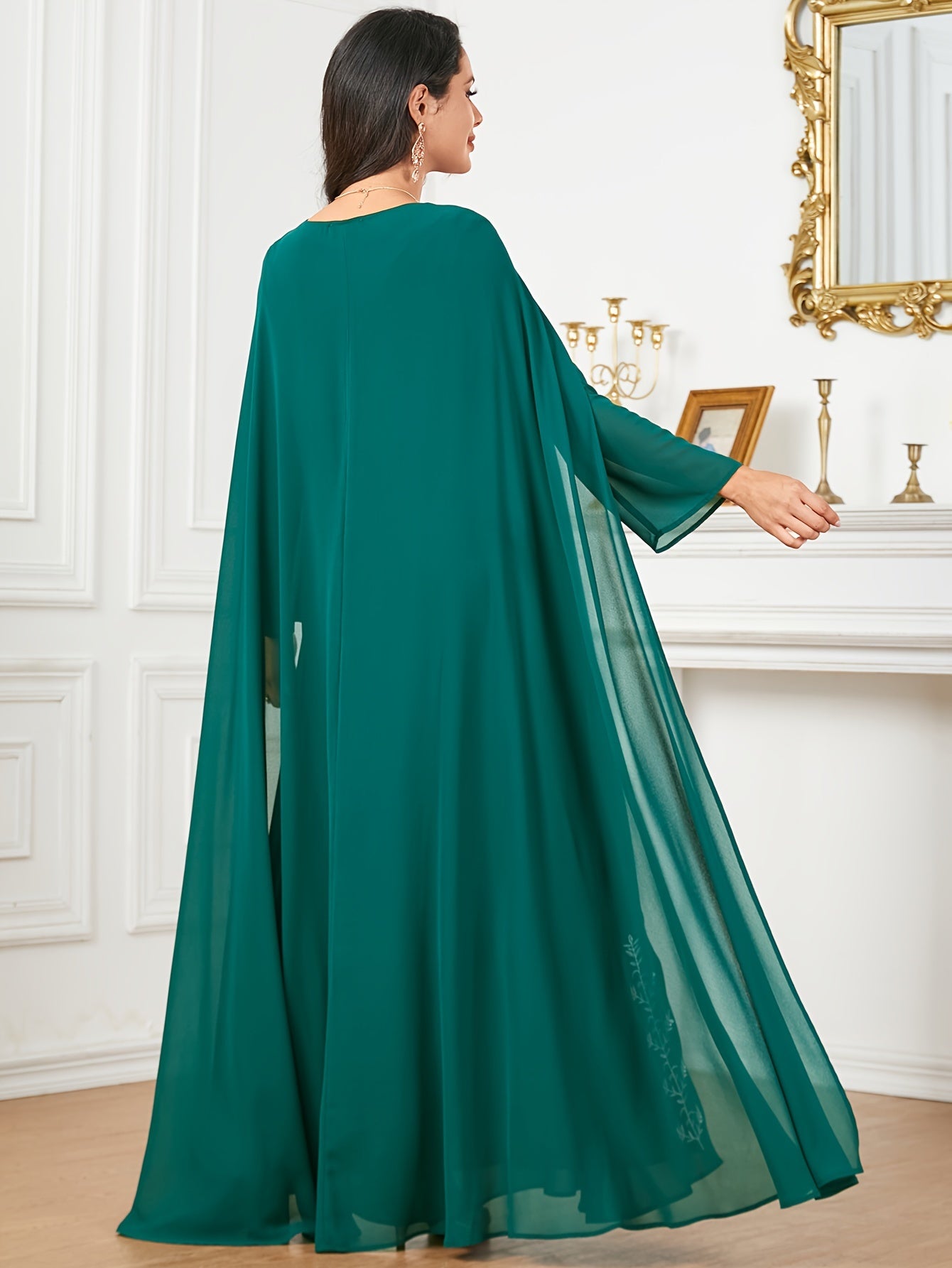 Polyester Traditional Abaya Dress - Solid Color Round Neck Embroidered Long Sleeve with Cape, Regular Fit, All-Season, Middle Eastern Cultural Apparel