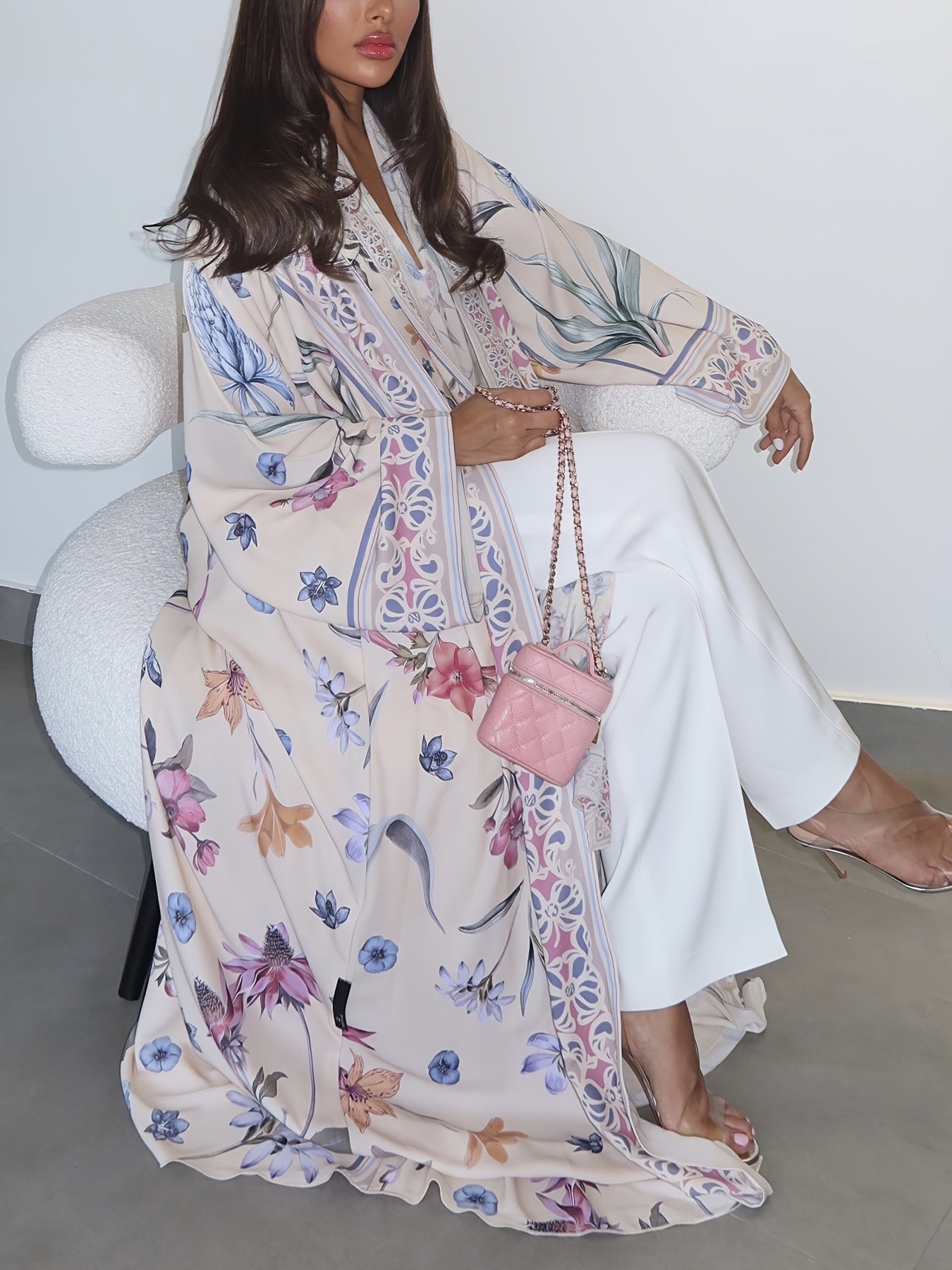 Floral Print V-Neck Abaya Robe with Long Sleeves - Lightweight Loose Fit Long Dress and Headscarf Set for Women, Spring/Summer Collection, Versatile Fashionable Long Robe, Headscarf 2pcs