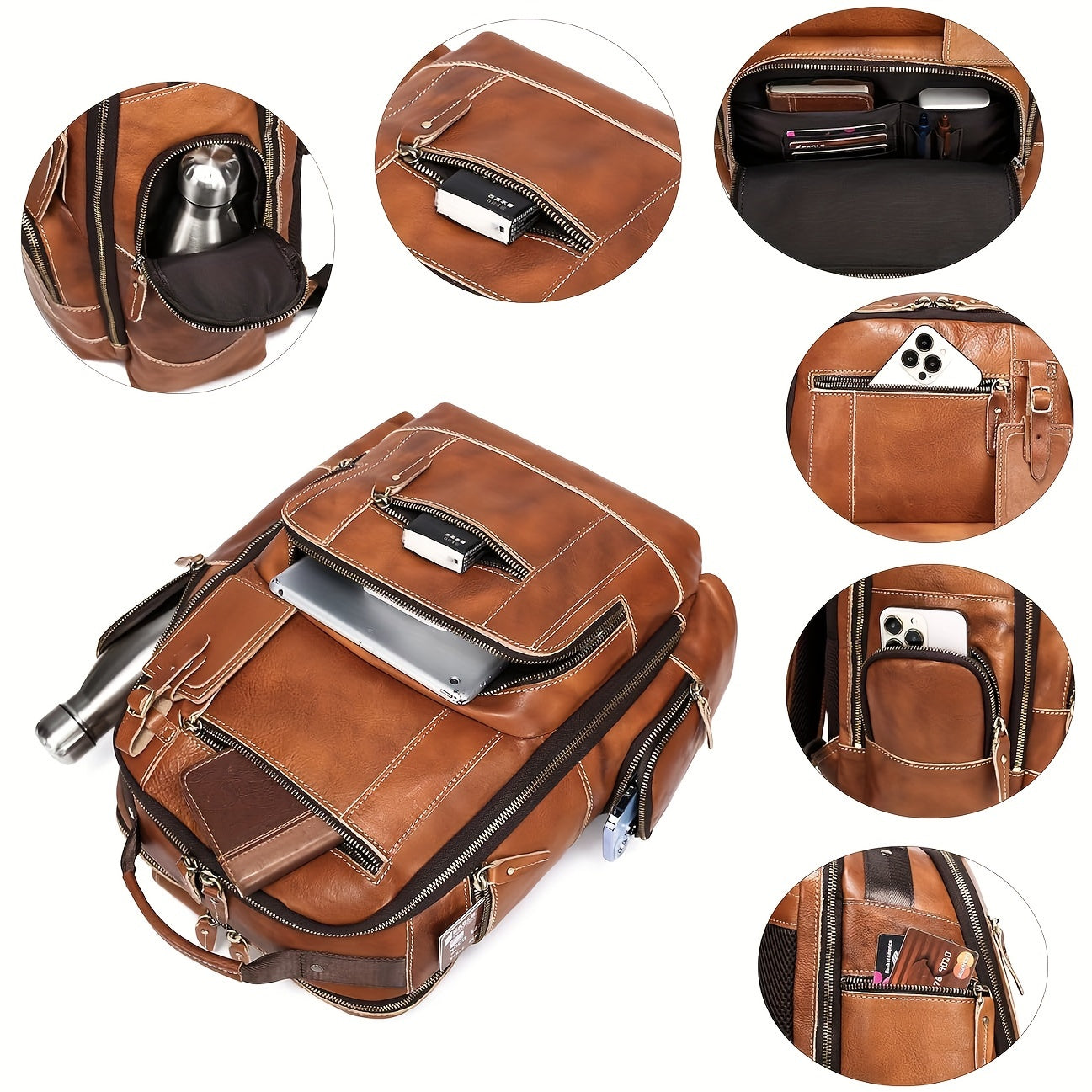 Vintage Genuine Leather Laptop Bag for Men, 15.6" Laptop Compatible, Large Capacity 6.34gal Rucksack with Multiple Zippered Pockets