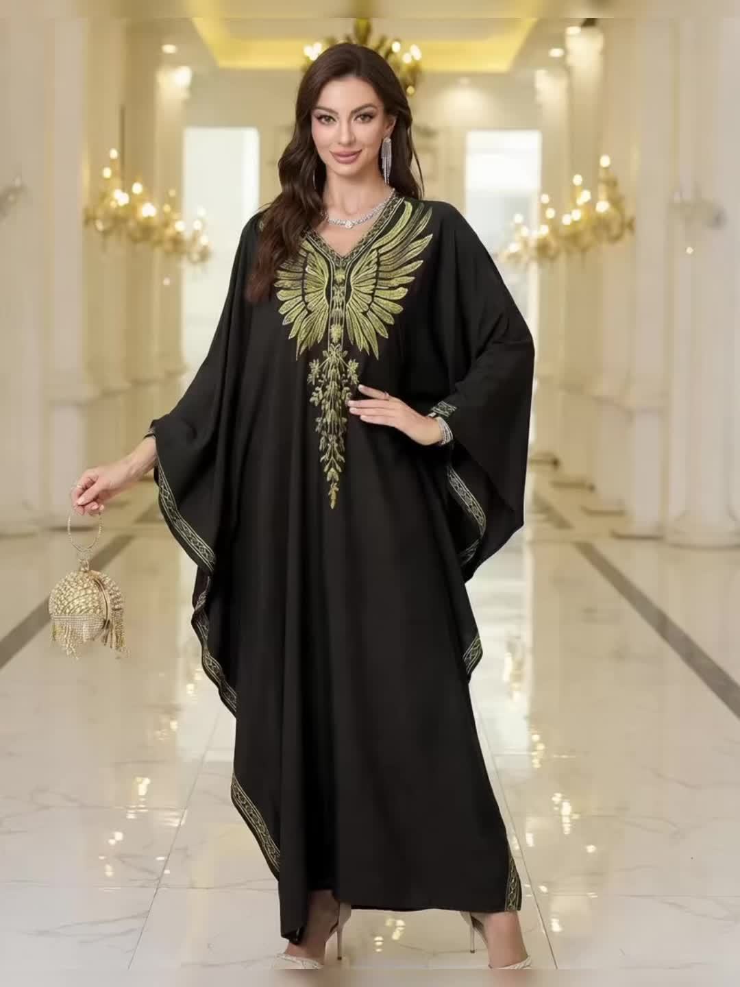 Women's Plus-Size Maxi Dress - Elegant Brown & Golden robe-like gown with Long Batwing Abaya Sleeves, Non-See-Through Formal/Beach/Evening Dress for Women