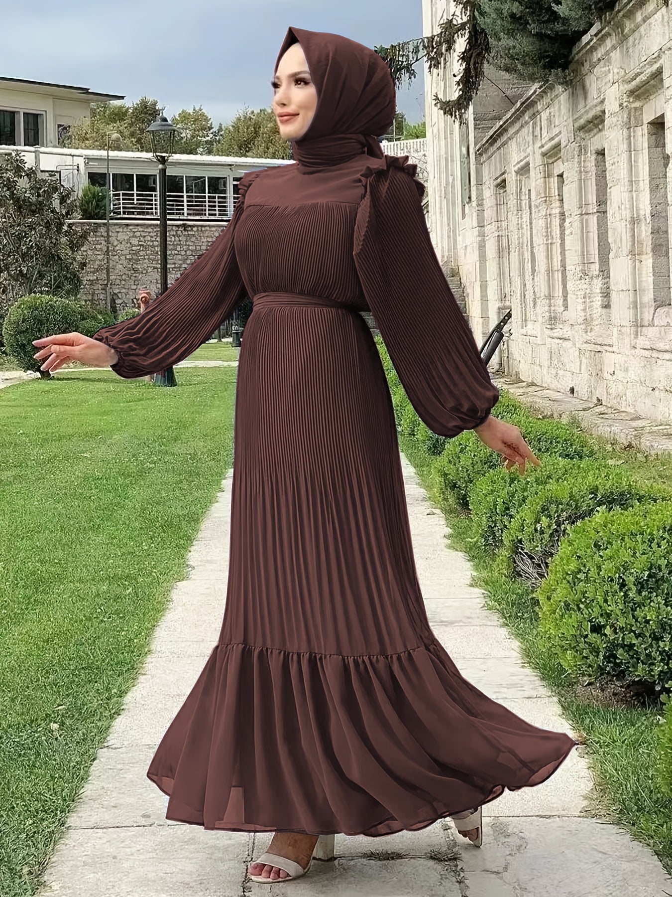 Women's Middle Eastern Muslim Baju Abaya Dress - Modest Long Sleeve Ruffled Hem Solid Color Traditional Dress with Belt, Machine Washable All-Season Casual Wear, Modest Apparel | Soft Texture