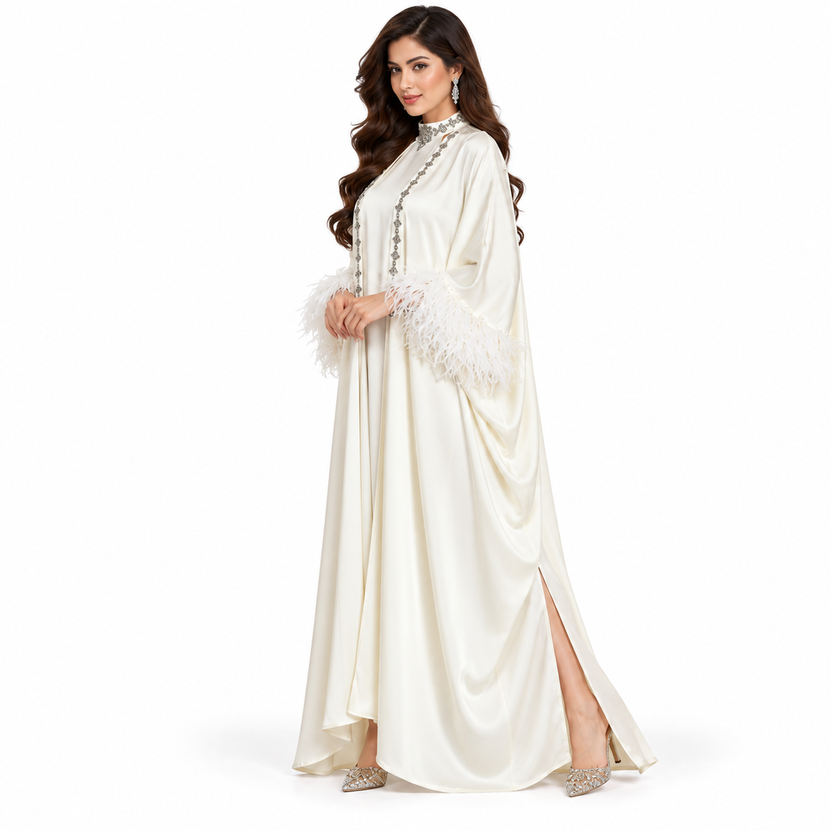 Elegant White Feather Pakistani Kaftan Dress