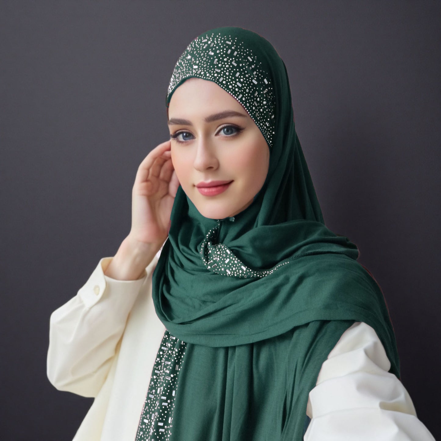 Elegant Black Stretch Bamboo Jersey Hijab Scarf Shawl for Women | Elastic Soft Large Headscarf with Sparkling Rhinestone Trim, Hand Washable Muslim Woven Head Cover & Hair Accessory, Modest Fashion