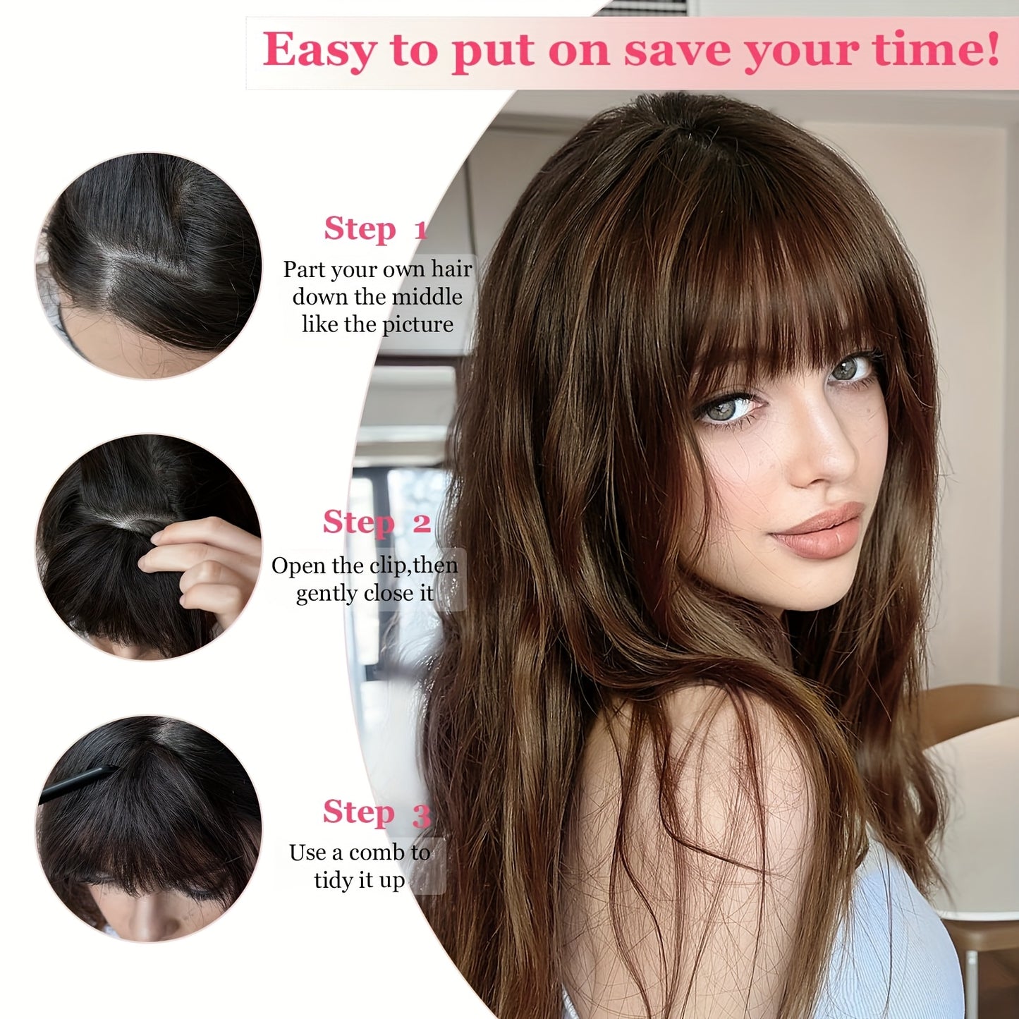 1pc Women'S Natural Brown Human Hair Clip-In Bangs Wig - Soft Wavy with Straight Ends, Secure Clip-In Design, Natural Hairline & Easy Wear