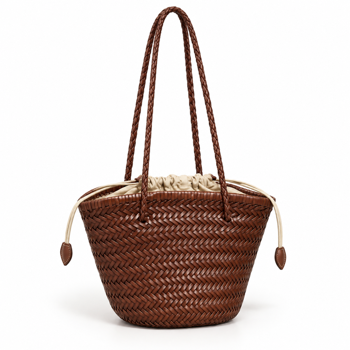 Coffee Woven Tote With Braided Straps