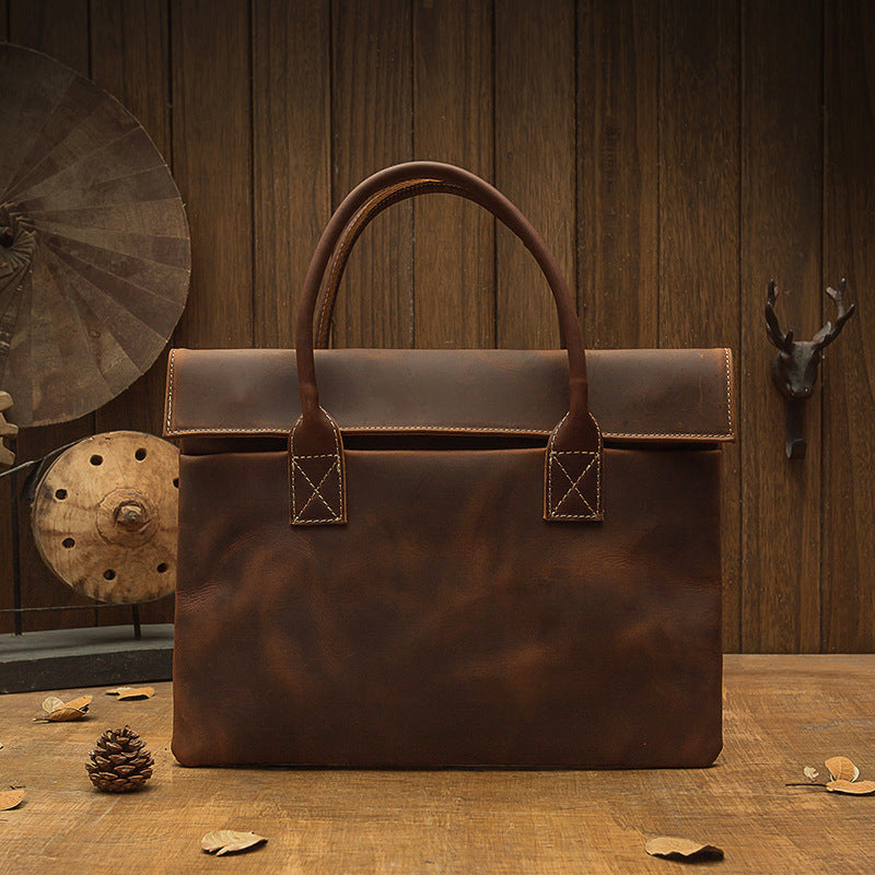 Lightweight Men's Genuine Leather Laptop Bag - Minimalist Business Casual Tote with Brown Accents, Durable Polyester Lining