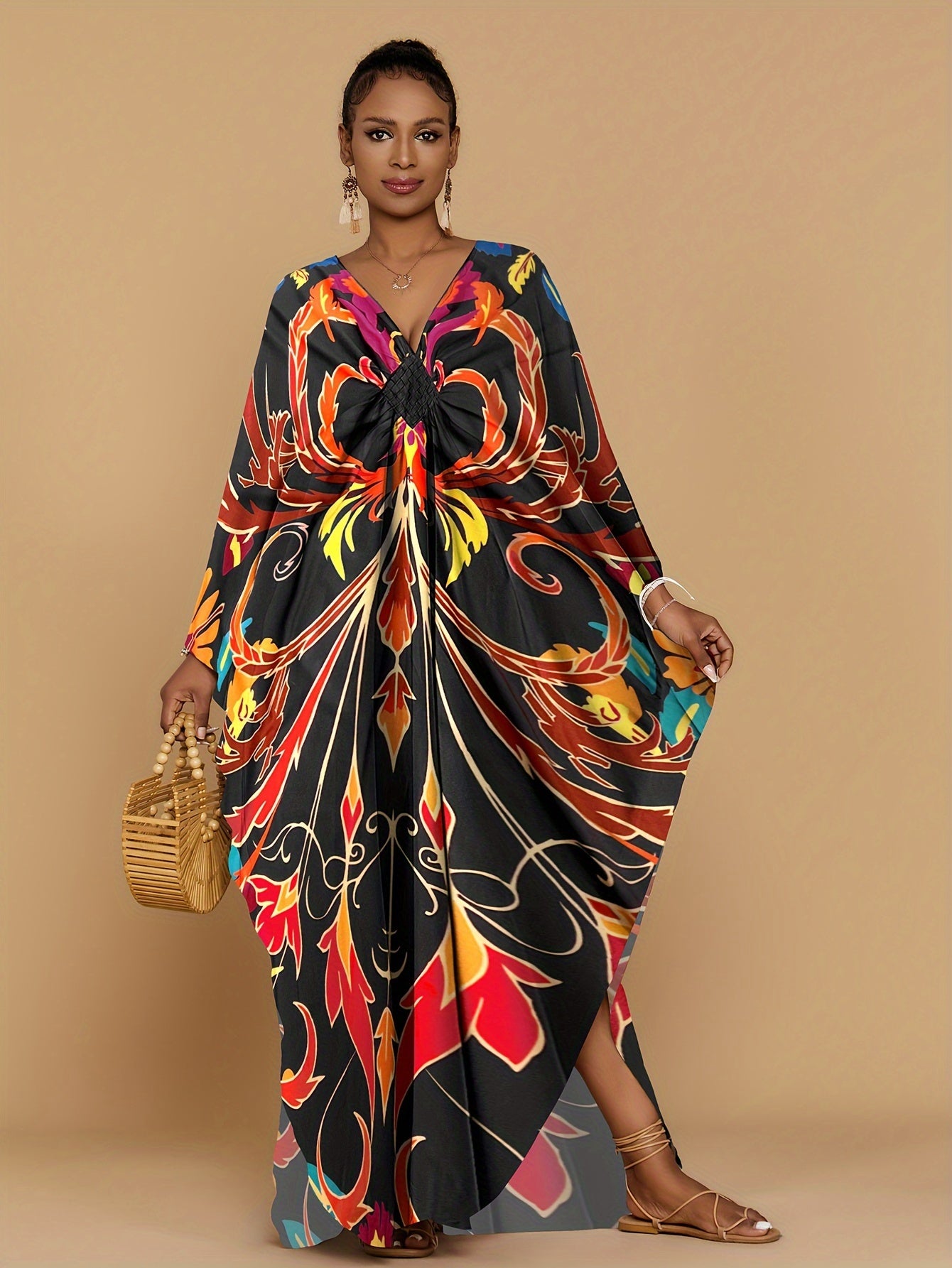Vibrant Bohemian Kaftan Dress - Four-Sided Elastic V-Neck, Bat Sleeves, Beach Cover-Up