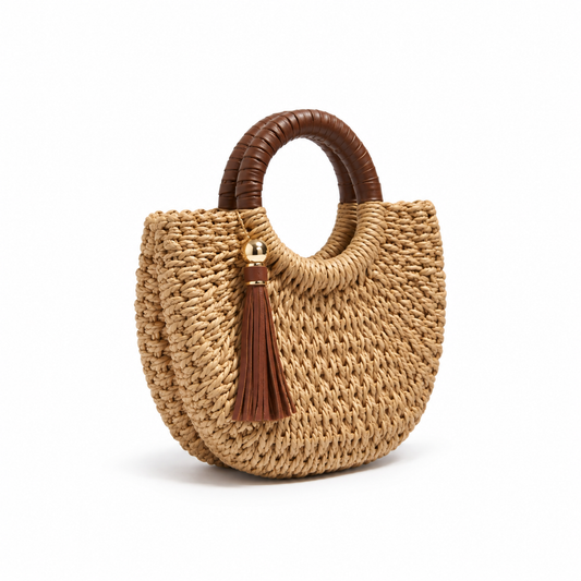 Natural Woven Raffia Tassel Handle Handbag