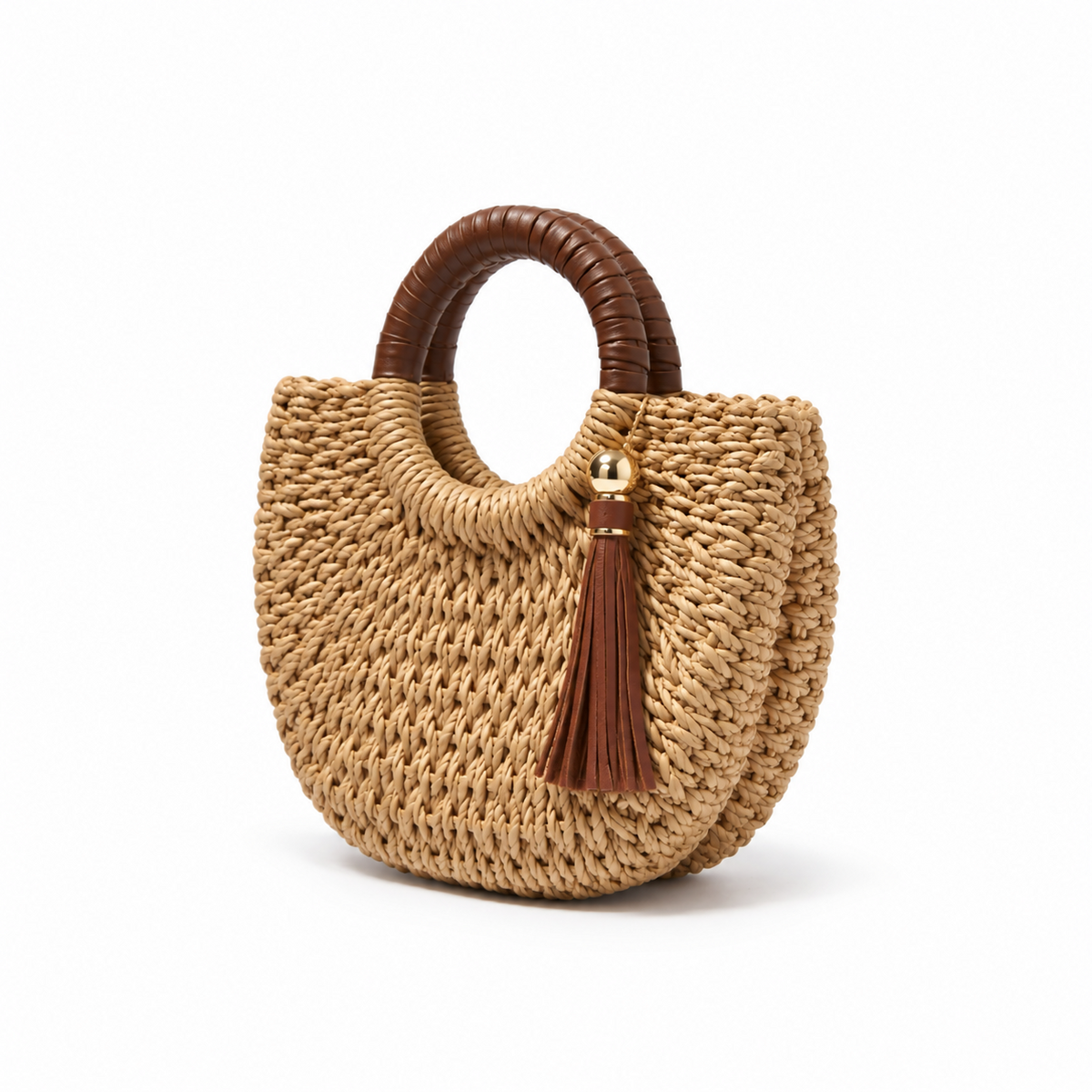 Natural Woven Raffia Tassel Handle Handbag