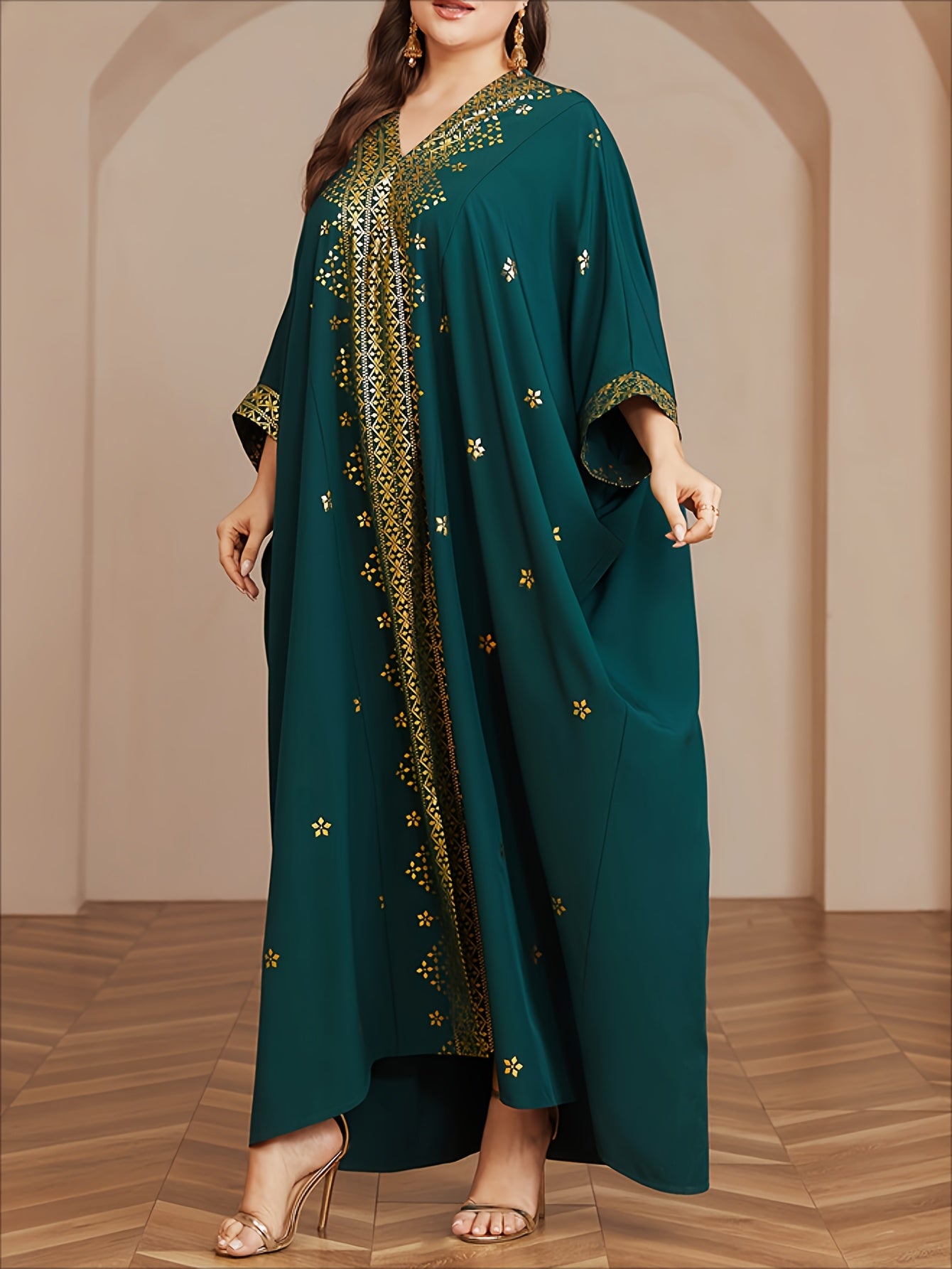 Polyester Long Kaftan | V-Neck Tribal Pattern Woven Non-Stretch, Middle East Golden Tassel, Batwing Sleeve Abaya, Plus Size, All Season